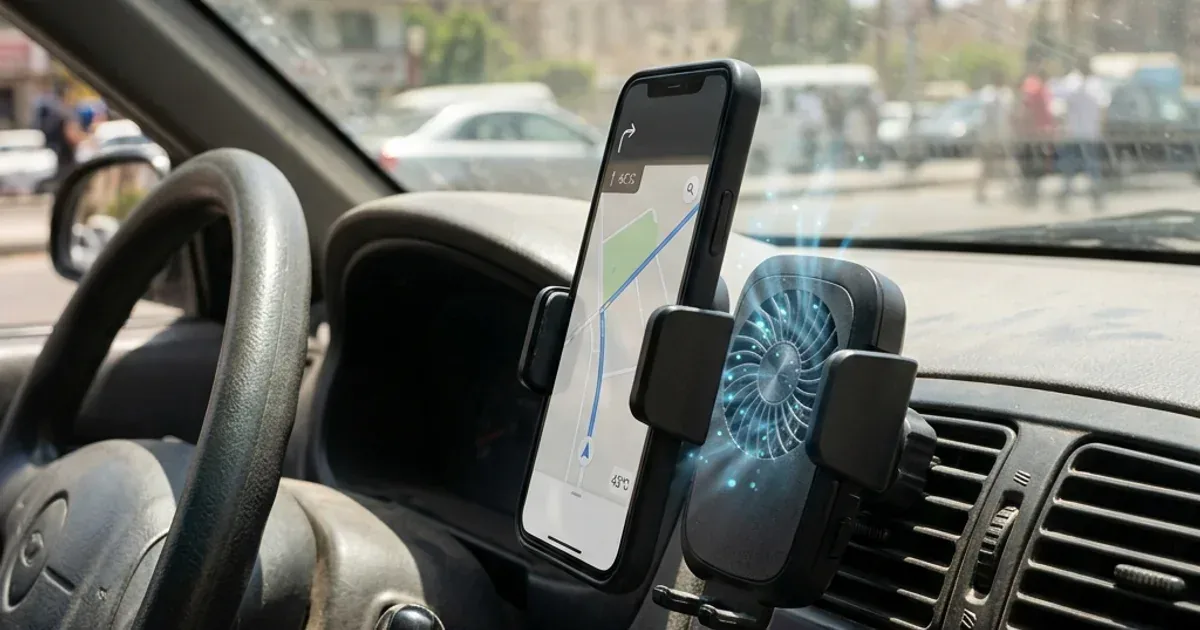 حامل موبايل بمروحة تبريد للسيارة — هل فعلاً بينقذ الموبايل من الحر؟
