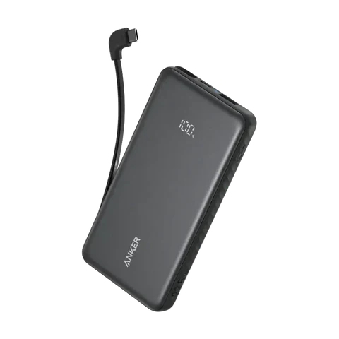 Black Anker Zolo power bank with a built-in cable