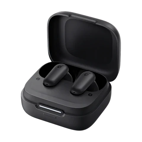Black Soundcore R50i NC earbuds with their charging case