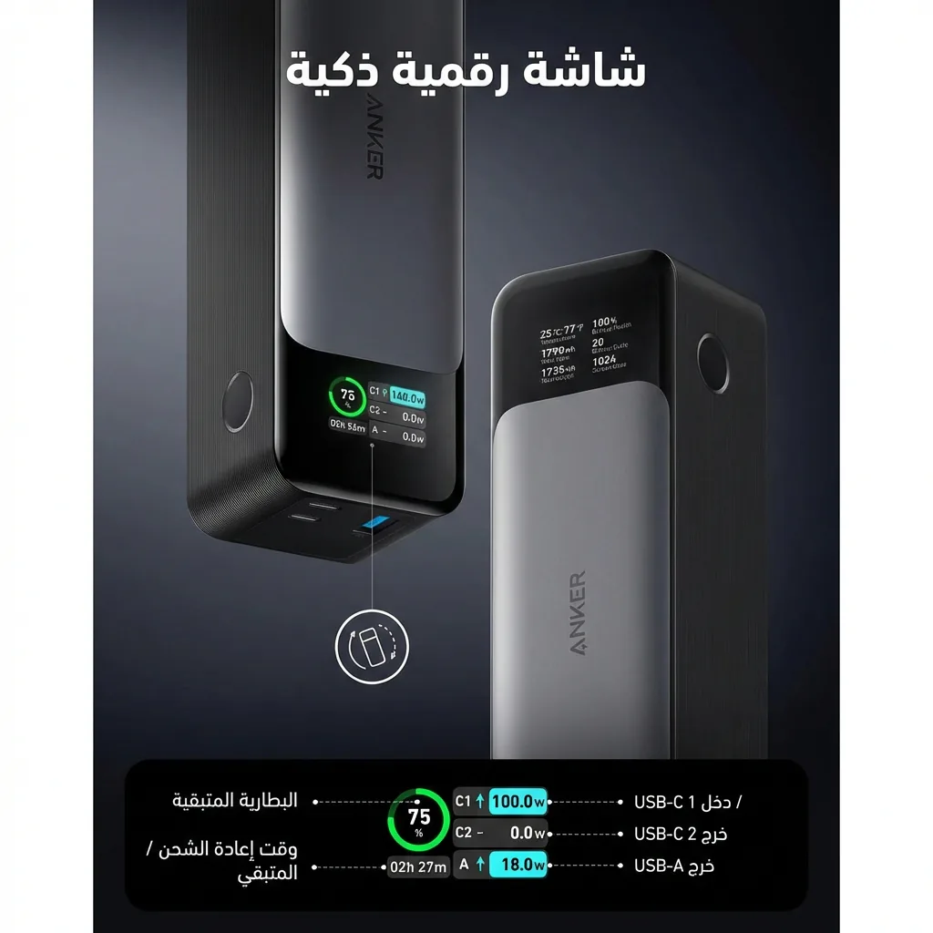 حجم باور بانك انكر 737 المدمج مع سعة 24000 مللي أمبير - تصميم محمول - كايرو فولت