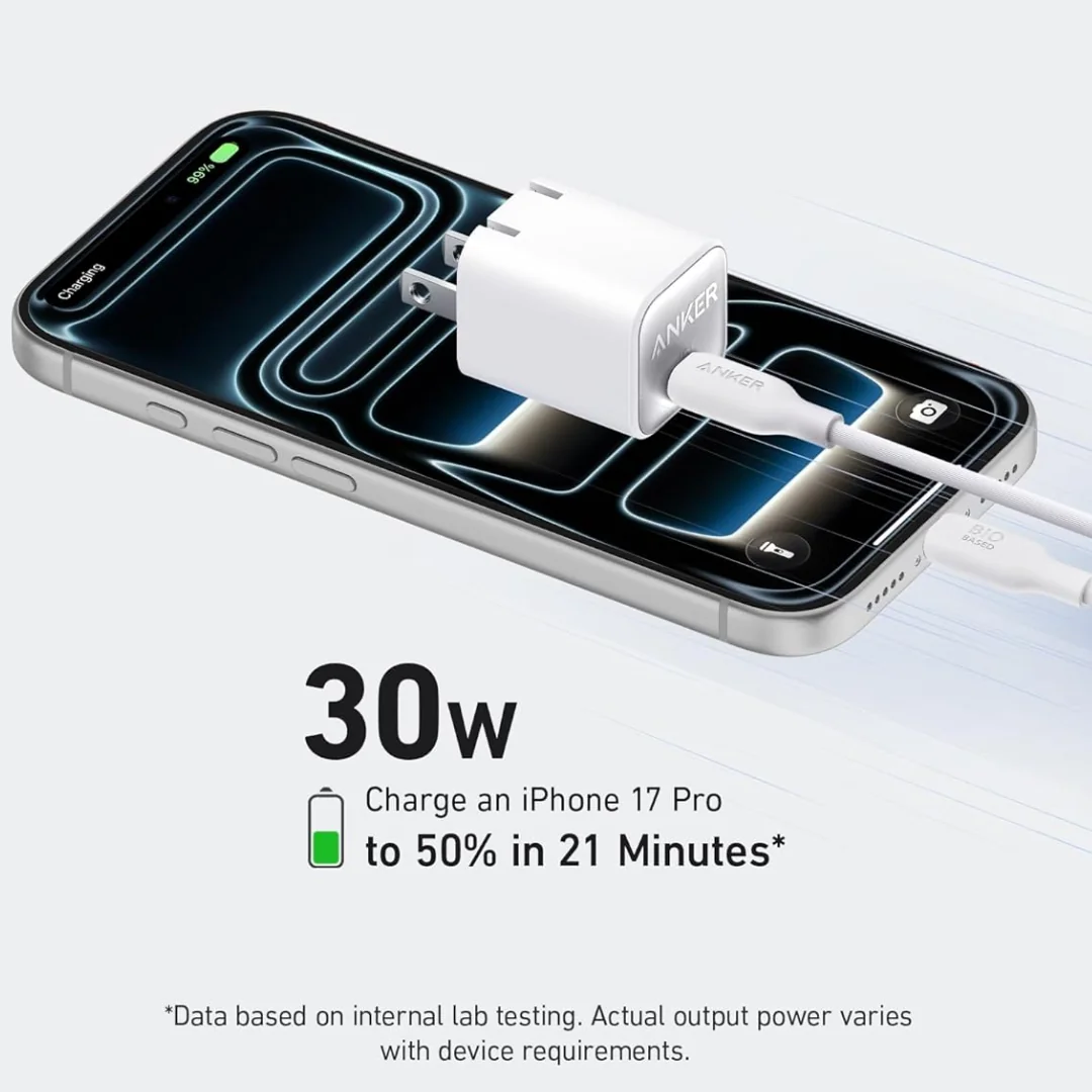 Anker A2147 30W charging iPhone 17 Pro to 50% in 21 minutes fast charge demo