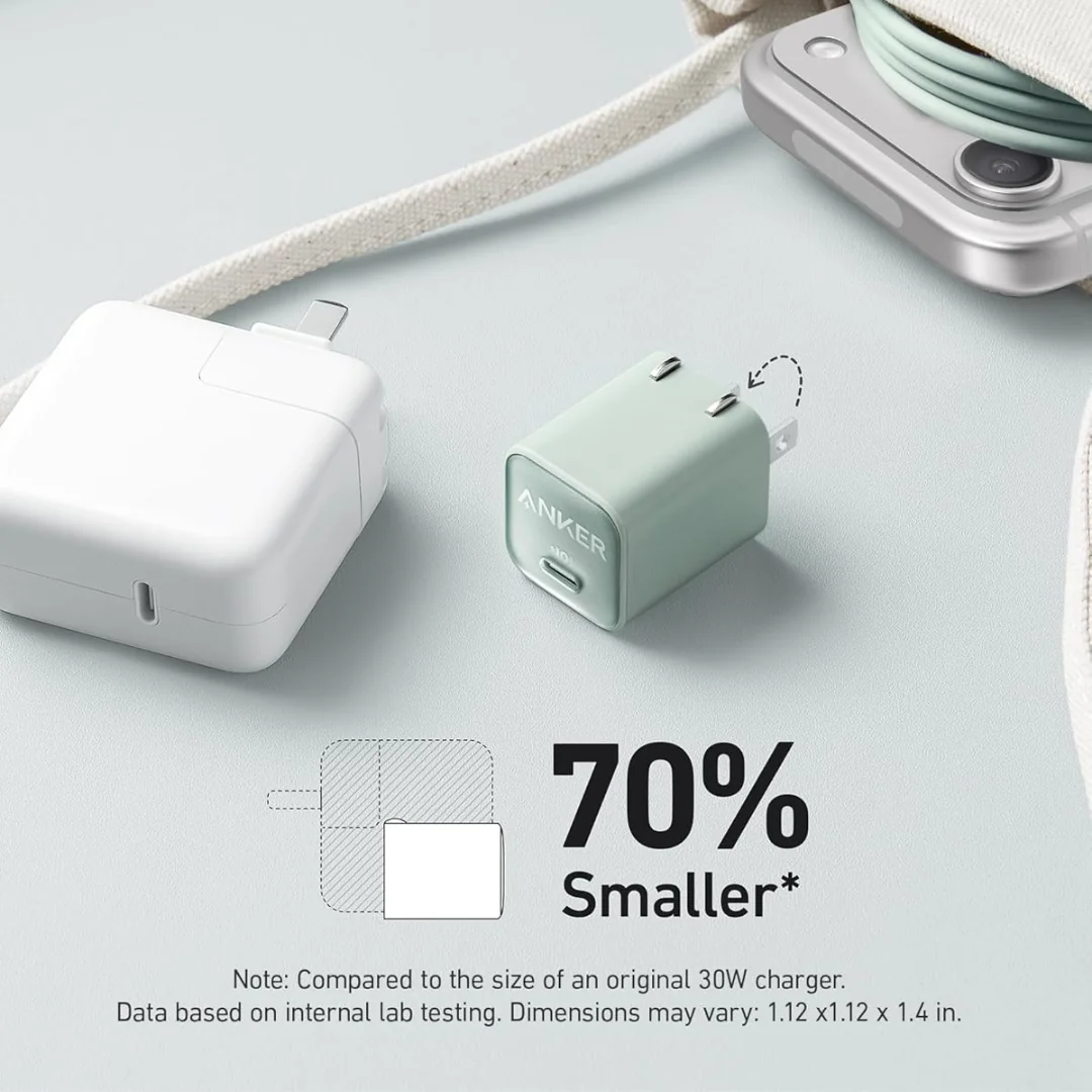 مقارنة حجم شاحن انكر Nano 3 أصغر 70% من شاحن 30 واط العادي