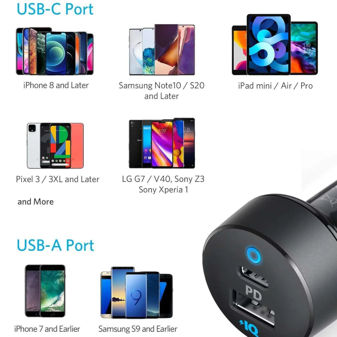 Anker A2732 car charger LED ring illuminated in car socket