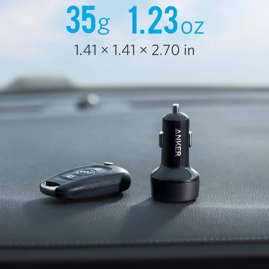 Anker A2732 retail packaging showing 35W car charger specifications