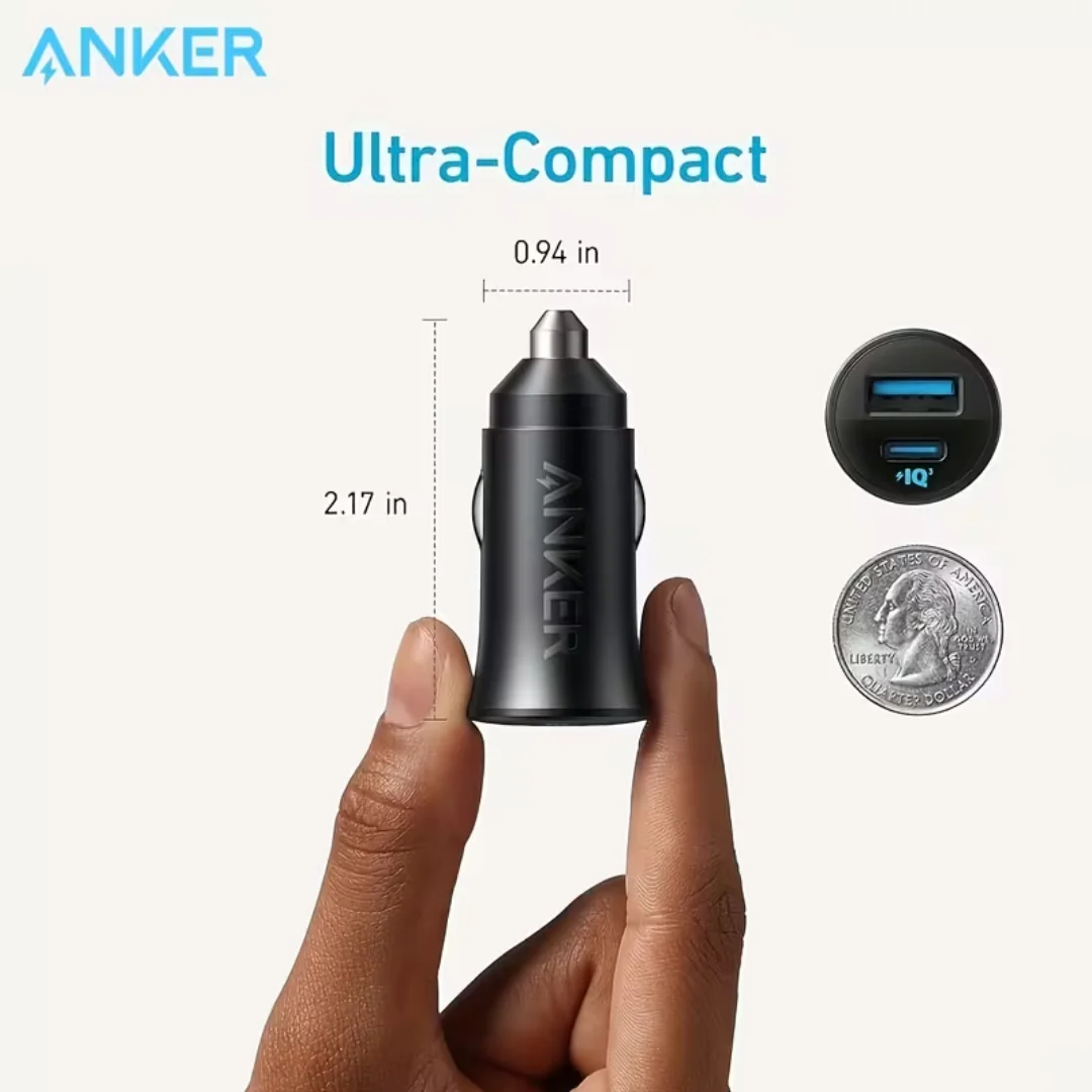 Anker A2741 miniature car charger size compared to coin