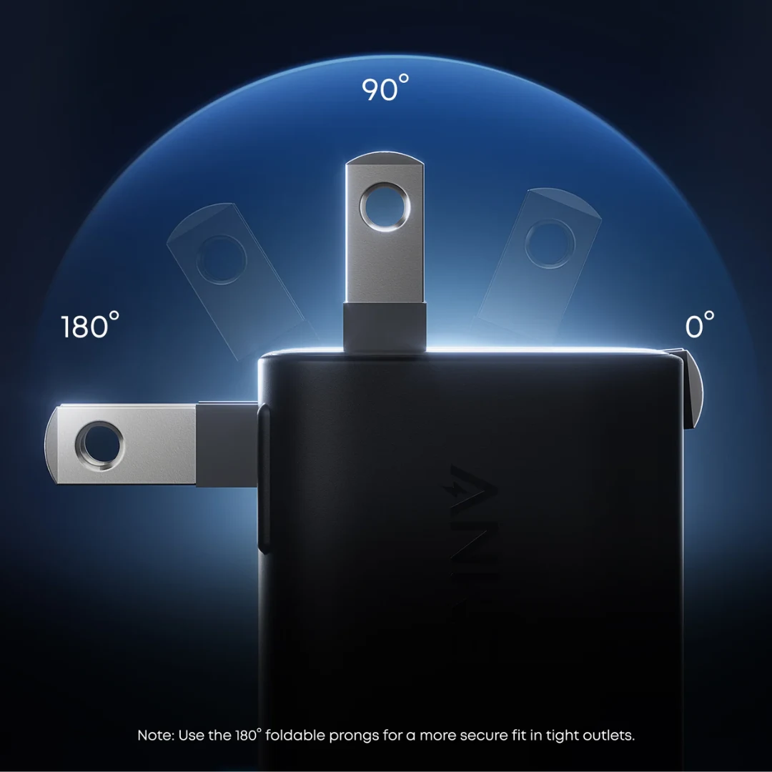 شاحن انكر نانو A121D بقوة 45 واط بقابس قابل للطي 180 درجة - مقارنة زوايا 0° و90° و180° للتوصيل في الأماكن الضيقة - كايرو فولت