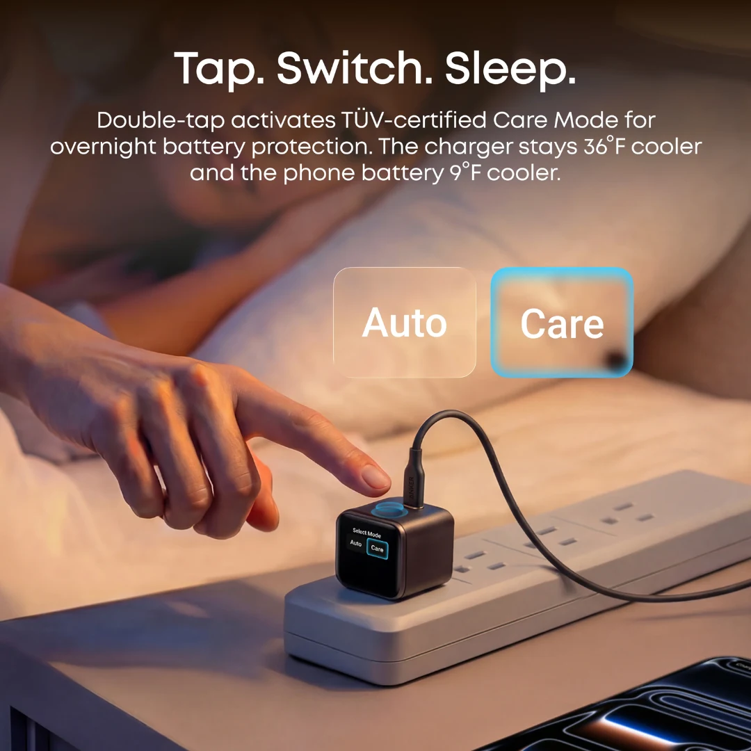 Anker A121D 45W Care Mode overnight battery protection - double tap to switch between Auto and Care charging modes on smart display