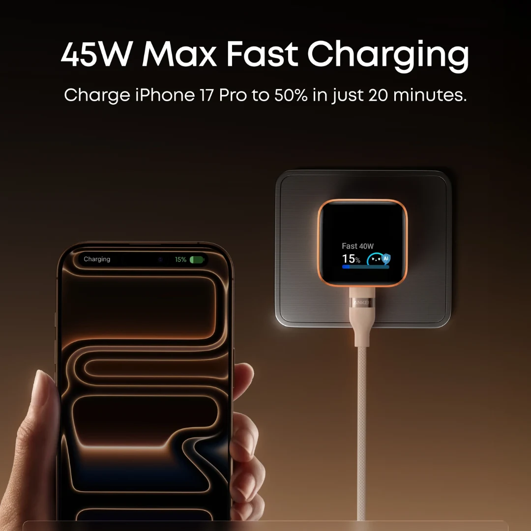 Anker A121D 45W fast charging iPhone 17 Pro to 50% in just 20 minutes with smart display showing real-time wattage