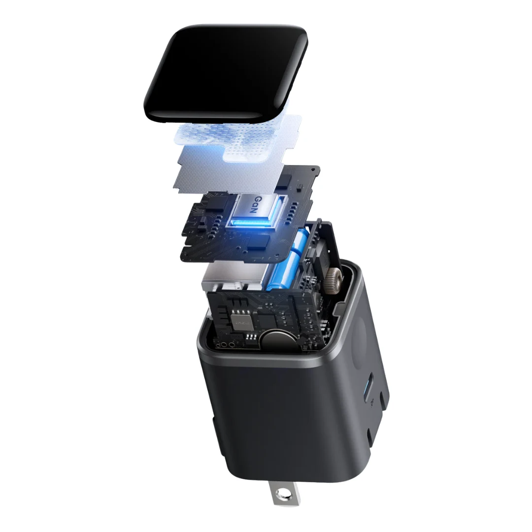 Anker Nano A121D 45W GaN charger internal exploded view showing GaN chip layers and smart display circuit board