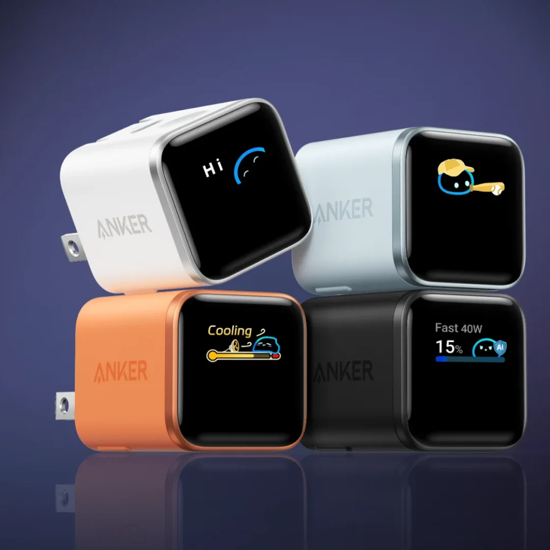 Anker Nano A121D 45W Smart Display charger available in 4 colors white blue orange black with animated AI display