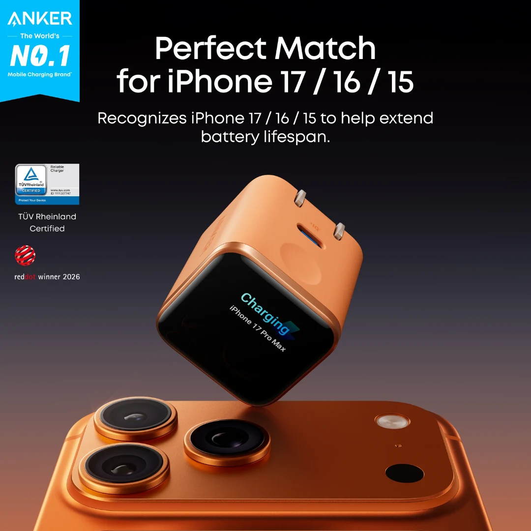 شاحن انكر نانو A121D بقوة 45 واط مع ايفون 17 - حائز على جائزة Red Dot 2026 وشهادة TÜV Rheinland - كايرو فولت