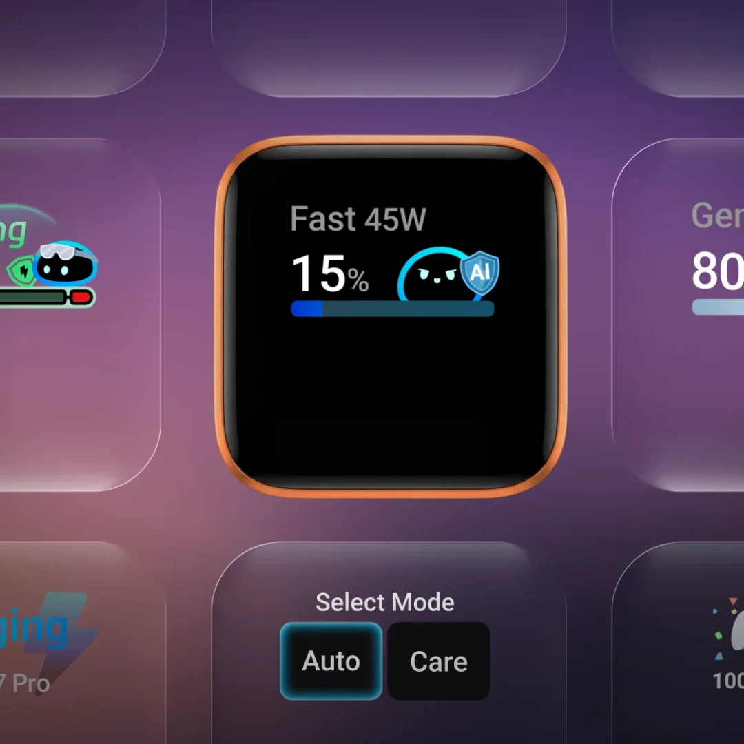 شاشة شاحن انكر A121D الذكية تعرض سرعة الشحن 45 واط ونسبة البطارية ووضع العناية AI Care Mode - كايرو فولت