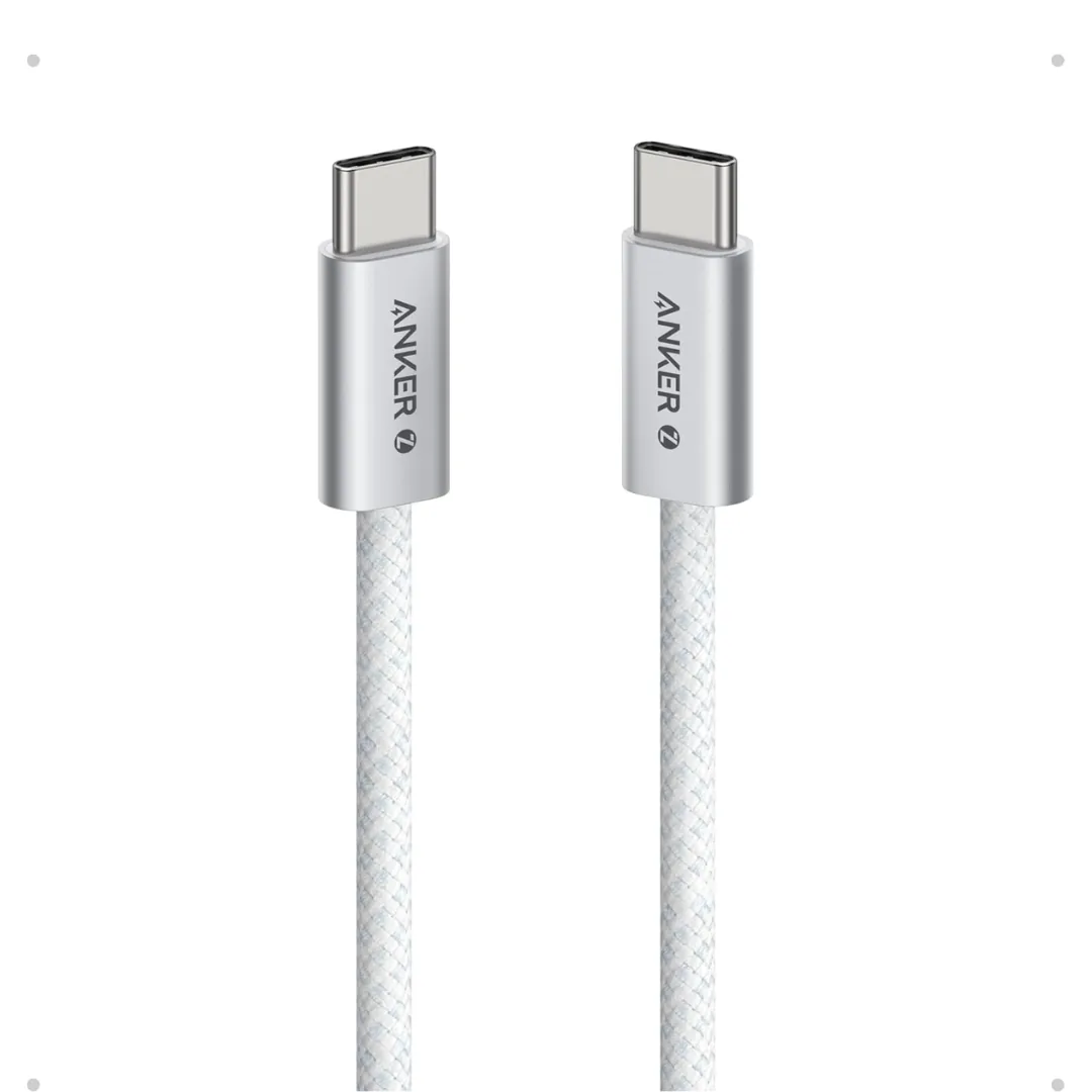 Anker Zolo USB-C to USB-C braided cable, silver aluminum connectors and white braid — CairoVolt