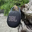 JBL Clip 5 JBLCLIP5 black speaker hanging by its carabiner on driftwood outdoors - CairoVolt